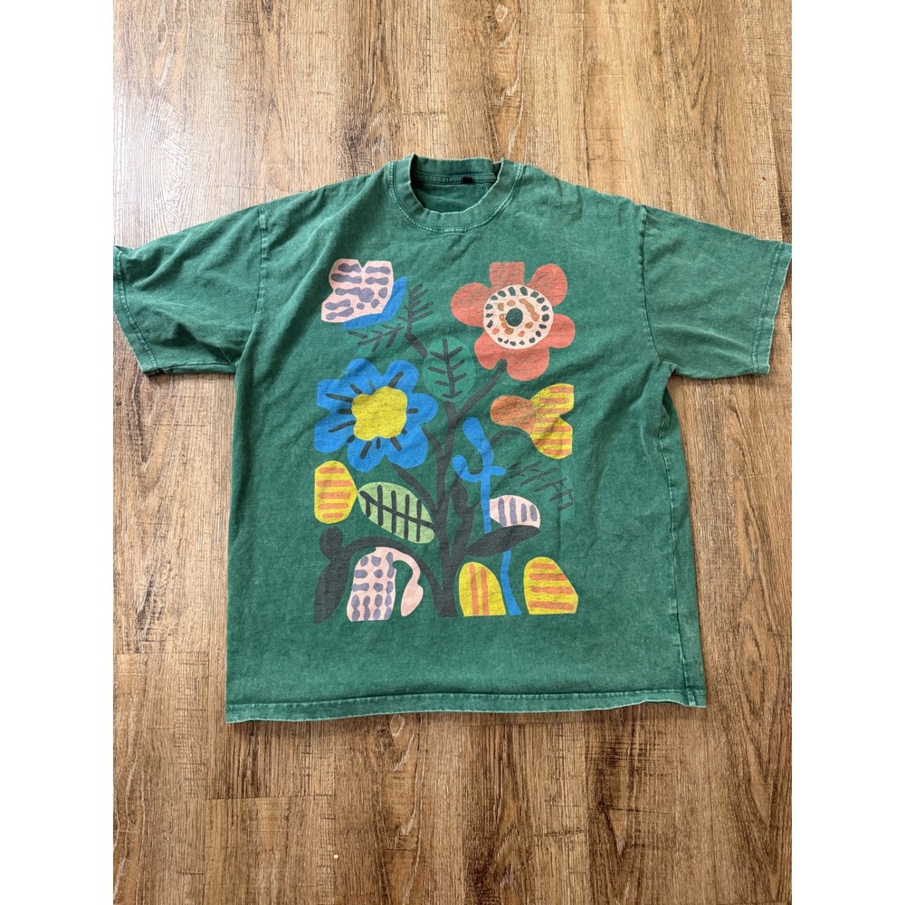 Green Abstract Floral Graphic Tee Shirt XL Cotton Boxy